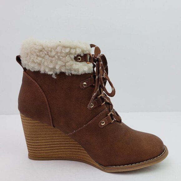 NEW Nautica Galva Womens Size 7.5 Brown Faux Fur Trim Lace Up Wedge Boots ZFN094 - Picture 3 of 10